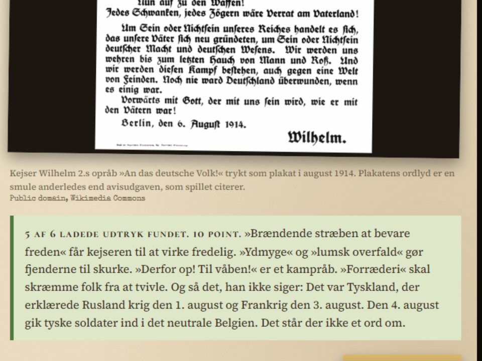 Demo af Undersøg kilderne: Ladede ord markeres i kejser Wilhelm 2.s opråb fra 1914, og spillet giver feedback, også om det, kilden tier om.